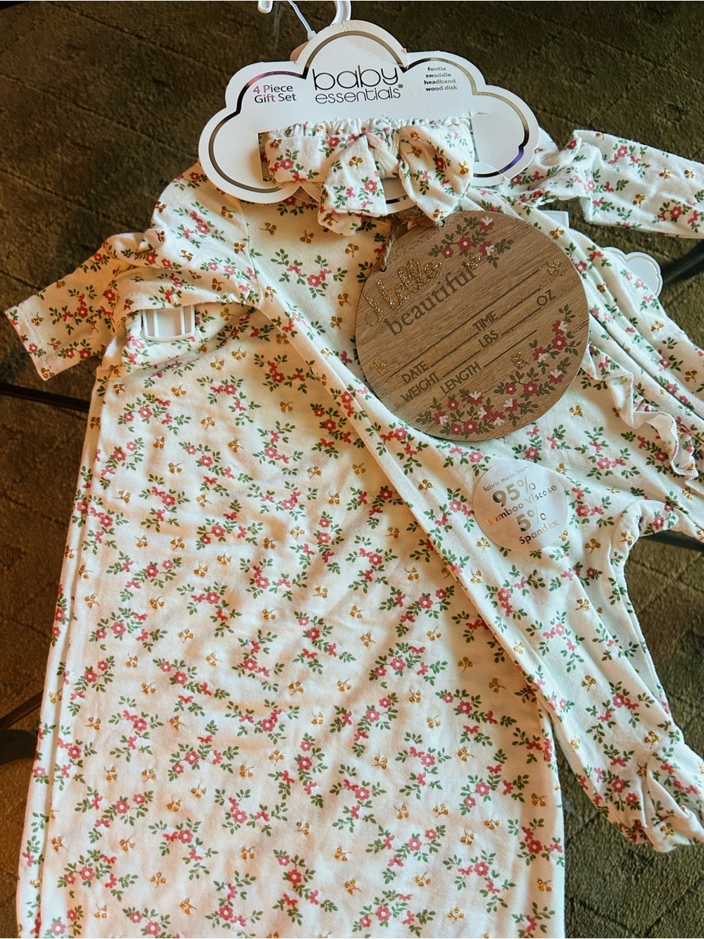 Baby Essentials Cream Floral New born set with Pink and Green Accents